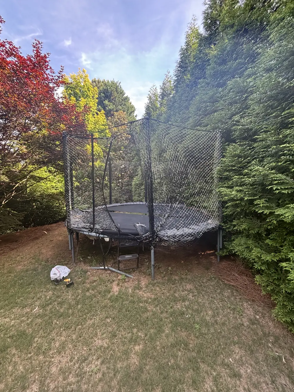 A trampoline with a safety net standing in a wooded backyard before removal