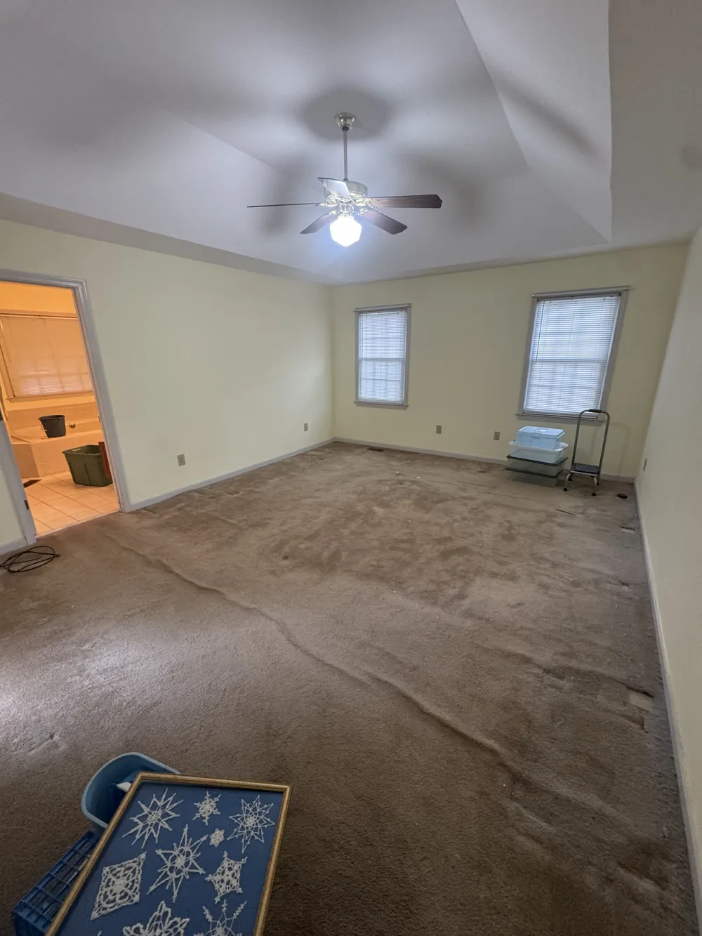 The same bedroom after the cleanout, empty with bare carpet
