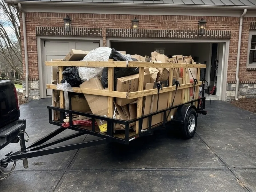 A trailer loaded with cardboard boxes and household items parked in front of a garage
